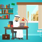 Poster of arab in traditional white clothing working on his notebook in room cartoon vector illustration